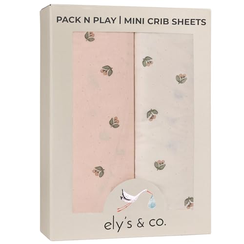 Image of Ely’s & Co. Pack and Play Sheets, for Mini/Portable Crib, 2 Pack Fitted Playpen Play Yard Sheet Set Compatible with Graco Pack n Play, for Baby Girls, 100% Cotton, Pink Vintage Floral, 38”x24”x5”