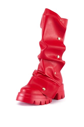 Atuelang Women's Slouchy Fold Over Platform Boots Mid Calf Pull On Fashion Snap Button Boots2