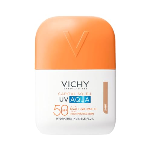 Vichy UV Aqua Hydrating Fluid SPF50 tono claro, para todo tipo de pieles, con fórmula antipérdida de agua, vitamina CG, vitamina E, glicerina y agua volcánica de Vichy, 50 ml