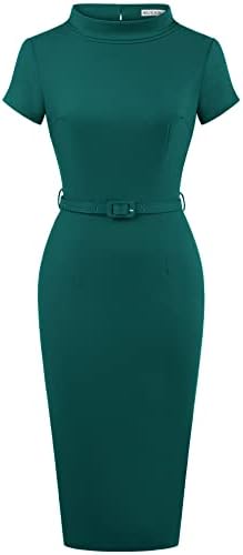 MUXXN Women's Vintage 50s Short Sleeve Pencil Midi Mock Neck Wear to Work Office Sheath Bodycon Dresses Dark Green L