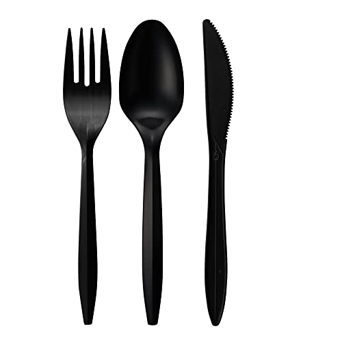 1,000 Plastic Disposable Cutlery Bulk Variety Pack Black Medium Weight Includes 334 forks, 333 knives, 333 soup spoons, Disposable Silverware Plastic Cutlery