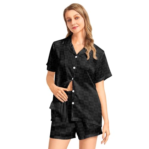Image of Funny Pajamas for Women Set Print Satin Loungewear Pjs Short Sleeve Button Down Top and Shorts Sets Sleepwear XS-3XL
