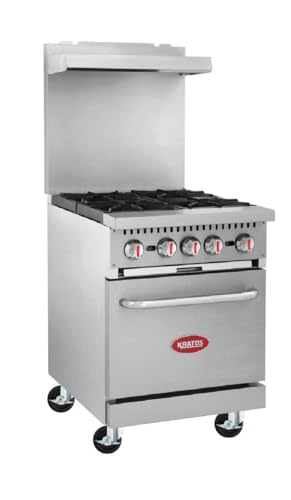 Kratos 24 Wide Commercial Gas Range with Four Burners and Standard Oven, Stainless Steel Mobile Range for Restaurants, 150,000 Total BTU, Natural Gas