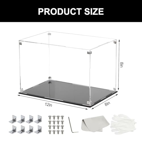 Image of 12x8x8Inch Rectangle Clear Acrylic Boxes for Collectibles Display | Assemble Storage Box Action Figures Display Case with Black Base, Removable Dustproof Showcase for Car Models Home Storage