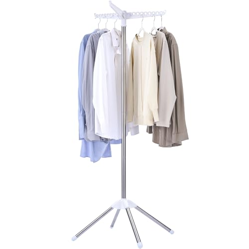 CASAMAYA Clothes Drying Rack Foldable, 59 inch Tripod Laundry Drying Rack Indoor with Rotating Clothes Rail for 27 Pieces of Clothes, Space Saving, Stainless Steel, White and Silver CDR001W01