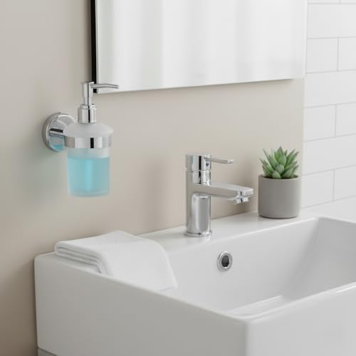 Image of Premium Wall Mounted Liquid Soap Dispenser - 304 Stainless Steel Holder with Frosted Glass Bottle | Rust-Proof Hand Wash Pump for Bathroom, Kitchen, & Wash Basin (Round 2910)