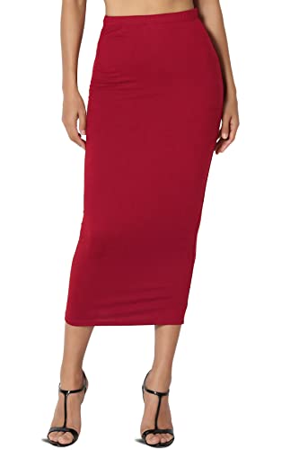 TheMogan Women's High Rise Buttery Soft Lined Mid Calf Bodycon Midi Pencil Skirt Dark Red S