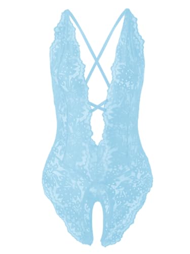 Image of SOLY HUX Women's One Piece Lingerie Sexy Lace Babydoll Deep V Teddy Criss Cross Backless Teddy Mini Bodysuit