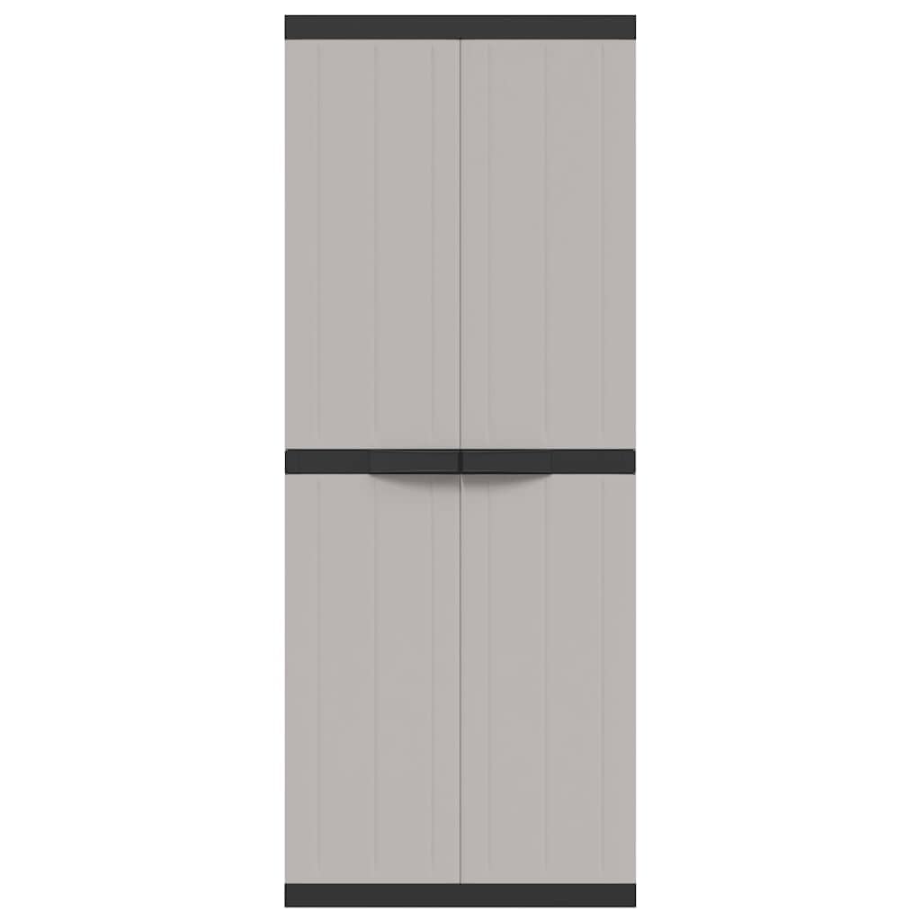 Armario de jardín gris negro de polipropileno, 65 x 37 x 165 cm, con cerradura, armario multiusos con estante para jardín, taller, espacio de almacenamiento