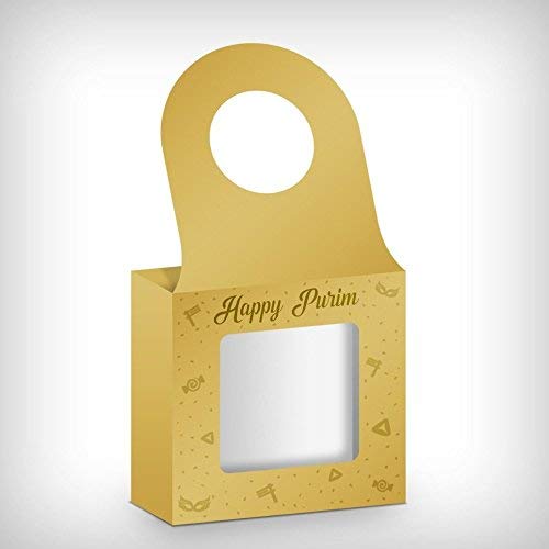 Gold Vertical Wine Bottle Hanger Empty Box - Says Happy Purim with Shalach Manos Mishloach For Purim Festival (Pack of 10)