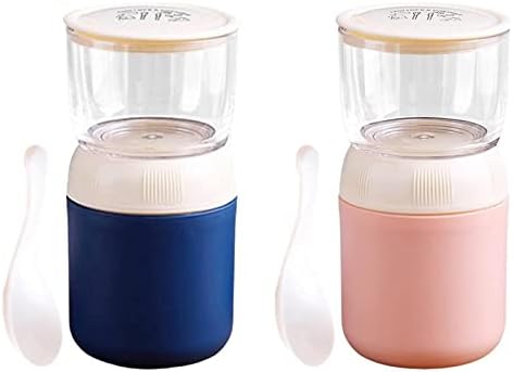 Leefasy 2Pcs Lunch Pot Yogurt Container Spoon Detachable 2 Tier Stainless Steel,Portable Insulated Food Container for Fruit Yogurt Soup Milk Salad, Blue Pink