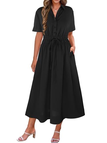 Image of ECOWISH Summer Maxi Dress for Women Casual Flowy V Neck Short Sleeve A Line Empire Waist Tiered Long Dresses with Pockets