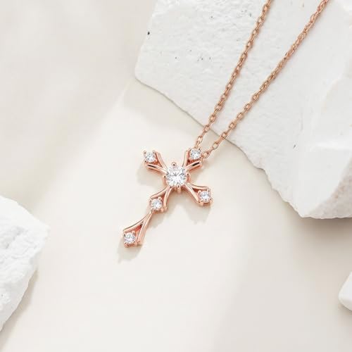 Image of URTHEONE Moissanite Cross Necklace for Women, 925 Sterling Silver 14KGold Plated Necklaces with Sparkling Moissanite Pendant, Faith Women's Jewelry, Trendy Gift for Women Mom Friend