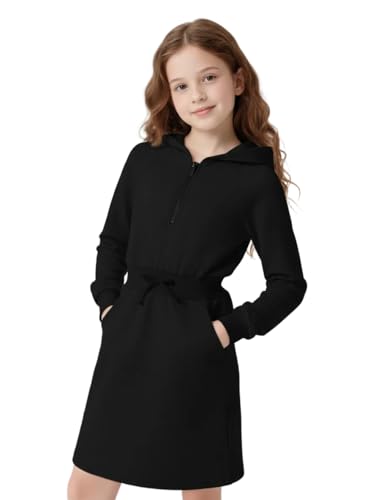 New 6-14Y Girls Sweatshirt Dress Long Sleeve Half Zip Hoodie with Pockets