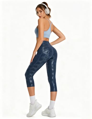 Image of THE GYM PEOPLE Thick High Waist Capris Yoga Pants with Pockets, Tummy Control Workout Running Yoga Leggings for Women
