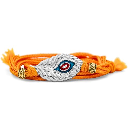 Image of 925 Sterling Silver Rakhi with Peacock Design for Brother, Handmade Orange Thread Rakhi for Raksha Bandhan Gift