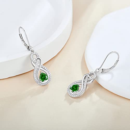 Dangle Earrings 925 Sterling Silver - Guesma Infinity Leverback Earrings Emerald Heart Created Birthstone Crystal - Celtic Knot Formal Earrings For Women Evening Wear #TOP2