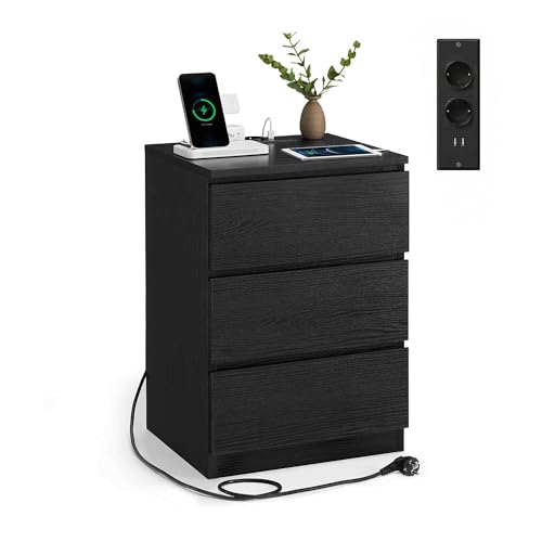 VASAGLE Kailyn Collection - Table de Chevet avec Multiprise, Table d’Appoint avec 3 Tiroirs, 2 Prises CA, 2 Ports USB, pour Salon, Chambre, Bureau, Moderne, Noir...
