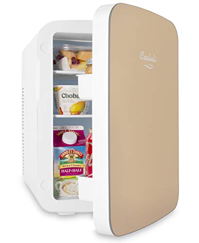 Cooluli 15L Mini Fridge for Bedroom - Car, Office Desk & College Dorm Room - 12v Portable Cooler & Warmer for Food, Drinks, Skincare, Beauty & Makeup - AC/DC Small Refrigerator with Glass Front, Gold