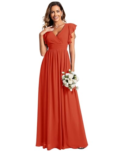 Ever-Pretty Robe de Soirée Dos Nu pour Femme Manches Volantées Mousseline Col V Plissé Robe de Demoiselle d'honneur Longue Élégante Orange Caramel 46