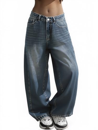 Image of EMMIOL Women Hip Hop 90s Vintage Baggy Jeans Denim Pants Mid Waist Jeans