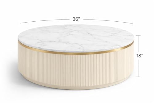 Image of WOODEN SPACE Premium Luxury Royal Pearl Marble-Top Coffee Table with Iron Legs & PVD Coating | Modern Round Wooden Center Table for Living Room & Entryway (Ivory, 36 Inch)