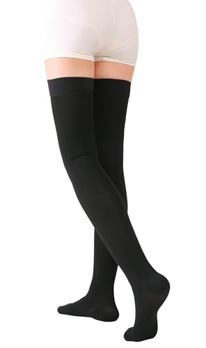 Image of TOFLY Thigh High Compression Socks for Women & Men, Closed Toe 15-20mmHg Graduated Medical Compression Stockings with Silicone Band, Opaque Support Stockings for Varicose Veins, Edema, DVT,Black L