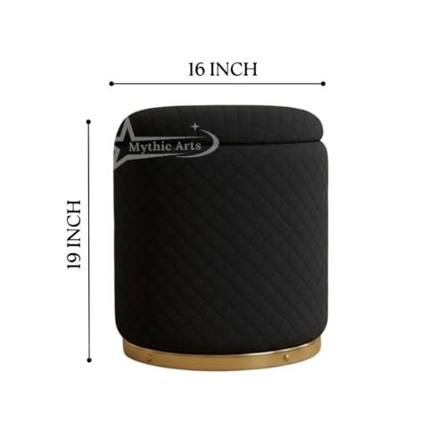 Image of Premium Round Storage Ottoman Stool 16 X 16X 19 inch, with Gold Metal Base | Luxury Pouffe with Hidden Storage | Cushioned Footrest for Living Room, Bedroom & Lounge Black