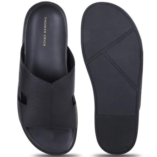 Image of Thomas Crick Men's Dune Genuine Leather Slides | Premium Open Toe Broad-Strap Casual Sandals with Contour TPR Sole, UK Size 6-11