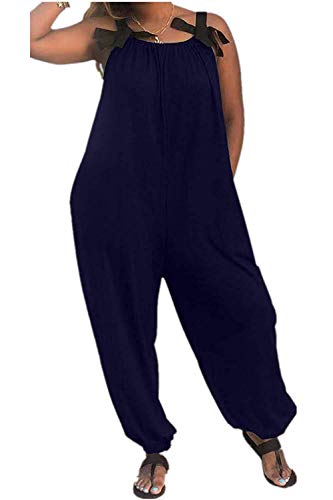 LAMISSCHE Womens Casual Solid Color Loose Fit Baggy Harem Overall Jumpsuit Sleeveless Spaghetti Strap Long Pants Rompers(Navy Blue,3XL)