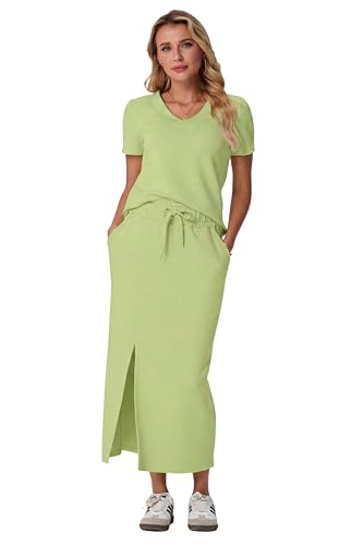 Image of GRECERELLE Women Summer Casual 2 Piece Sets V-Neck Wrinkle-Free Top & Elastic Waist Midi Side Slit Skirt with Pockets