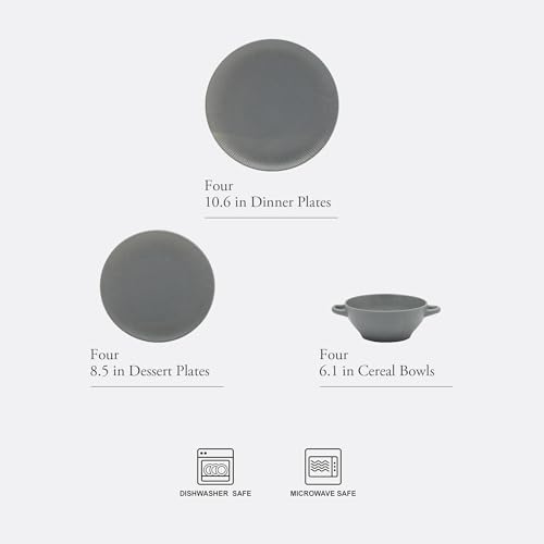 Image of Gibson Elite Clover Hill 12-Piece Stoneware Dinnerware Set - Dark Blue Embossed Plates and Bowls with Matte Speckled Reactive Glaze, Service for 4 - Microwave & Dishwasher Safe