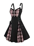 Rosegal Gothic Lace Up Plaid Half Zipper Fit and Flare Gothic Dress(Pink_1/3X)