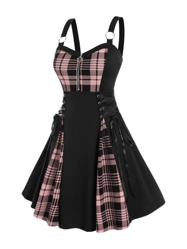 ROSE GAL Gothic Lace Up Plaid Half Zipper Fit and Flare Gothic Dress(Pink_1/2X)