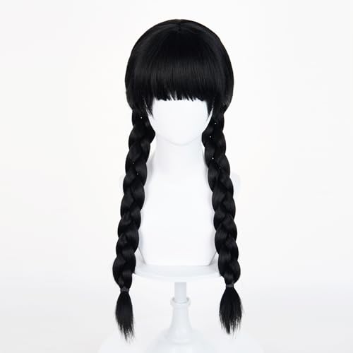 Image of Cying Lin 28 inch Long Double Braid Wigs Costume Black Wigs for Women Cosplay Party Halloween Wig Include Wig Cap (Adult-Black)