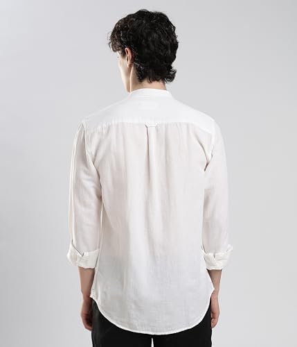 Image of TURMS Men's Casual Solid Linen Shirt | Water Repellent | Anti Stain Anti Odor | Kansas Linen | Mandarin Collar | Full Sleeves