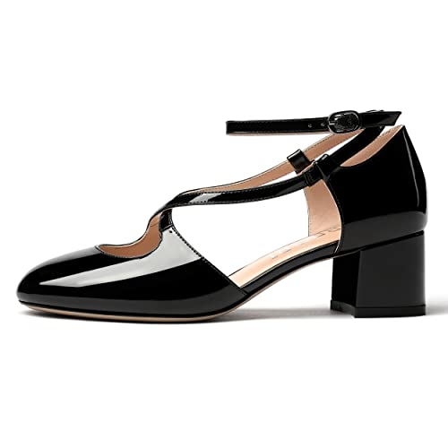 MERRORI Women's Block Buckle Ankle Strap Low Heel Pumps Patent Round Toe Solid Block Shoes 2 Inch2