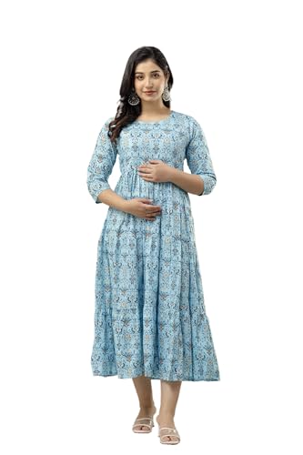 Image of Women's Rayon Anarkali Maternity Ankle Length Dress, Pregnancy Dress,Feeding Kurti,Easy Brest Feeding Dress, with Both Side 9 inch Zipper and Belt