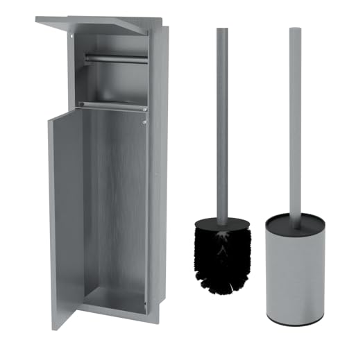 HAGO24 | WC Modul | Edelstahl Schwarz | Unterputz | Einbauschrank | Wandnische | 200x600mm | Toilettenpapierhalter | Bürstenhalter | Push-to-Open | befliesbare Tür | Stauraum (Silber, Mit Klappe)