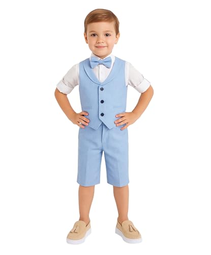 Image of Baby Boys Vest Suit Cotton Linen 4 Piece Formal Wedding Birthday Set