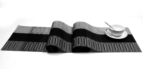 Image of SHACOS Woven Vinyl Table Runners PVC Table Runners 12 x 36 inch Wipe Clean Reversible Plastic Weave Tabletop Counter Decor Mats Indoor Outdoor, Ombre Black and Gray