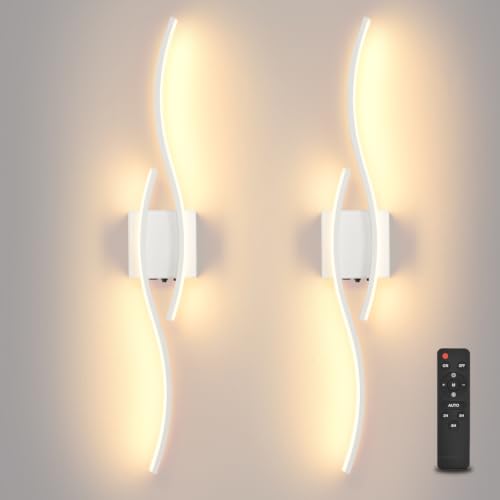 Image of Battery Powered Wall Sconces Set of 2, White 31.4 inch LED Dimmable Wall Sconce with Remote Control /Timer /Memory, USB Rechargeable Wall Lights for Living Room, Bedroom, Hallway Wireless scones Lighting