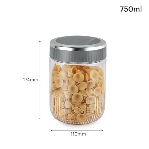 Image of CELLO Mint Storage Canister For Kitchen Set of 2, (750 ml x 2), Grey | Food Grade, Stackable, See Through | Nestable Storage Pet Container with Lid for Food, Pulses, Spice, Cereals, Cookies, Dry Food