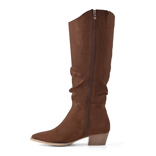 Shoe’N Tale Women's Knee High Boots Pointed Toe Cowboy Wide Calf Slouchy Suede Boots Chunky Stacked Heel Boots with Side Zipper2