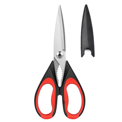 Image of Kitchen Shears, Multipurpose Stainless Steel Kitchen Scissors with Cover, Utility Food Scissors, Sharp Cooking Scissors for Meat Poultry Herbs Cutting (Red)
