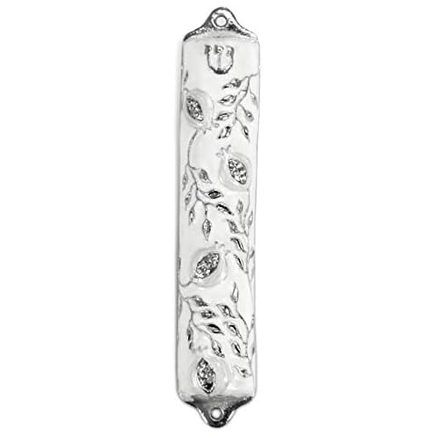 Mezuzah Case - Mezuzah Cover, Pomegranate Tree Design Crafted in Pewter, Jerusalem Judaica, Door Mezuza Case 4" White Wedding Color Cover