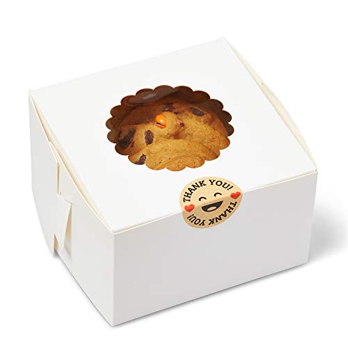 Window Bakery Boxes - 50 Piece - Small Cookie, Macaron, Cupcake, Pie - 50 Stickers - White - Personal/Professional - to-Go Box Containers - Eco-Friendly