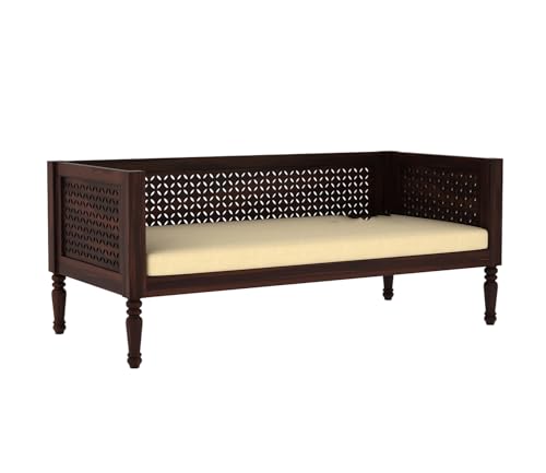 Image of ONIJA Solid Sheesham Wood Diwan Sofa Cum Bed Without Cushion | Traditional Wooden Daybed with Carved Backrest | 3 Seater Sofa for Living Room, Bedroom & Home (Walnut Finish)