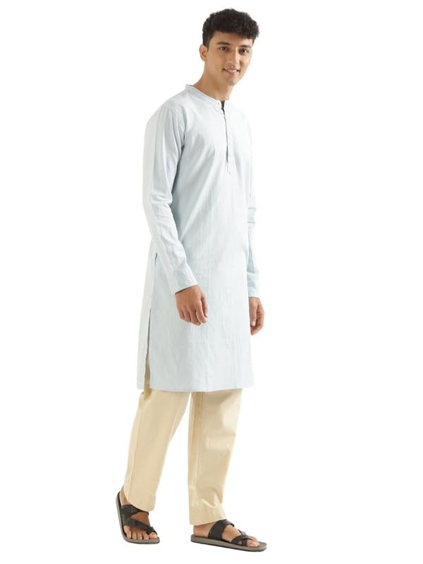 Image of SAADAA Men's Long Kurta - Linen Cotton Blend, Airy Fabric, Regular Fit, Mandarin Collar, Solid Color - Casual, Festive & Ethnic Wear