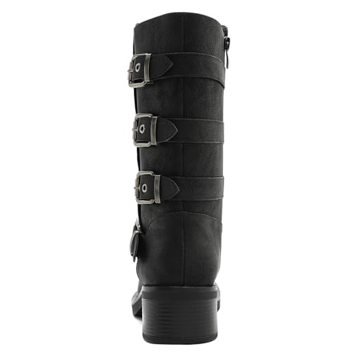 Image of GLOBALWIN Chunky Mid Calf Fashion Dressy Motocycle Biker Military Style Combat Boots for Women Low Heel